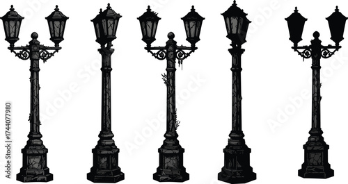 Set of vintage dual-lantern street lamp silhouettes with ornate gothic design, moss detail, antique architecture vector illustration for fantasy themes