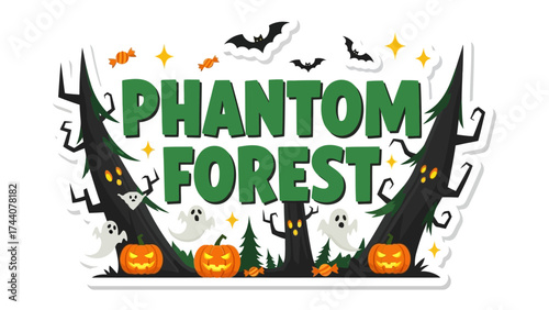 Phantom Forest: A spooky Halloween design of a phantom forest with pumpkins, ghosts, and bats, offering a chilling celebration of the autumn season.