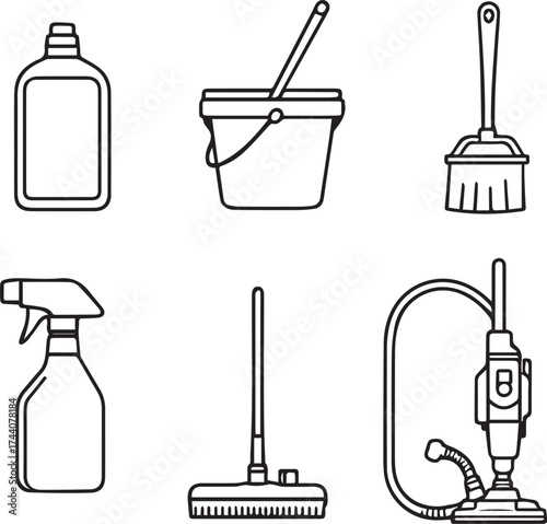 Cleaning tools icon set with spray bottle, mop bucket, brush, broom, vacuum, and detergent in line art