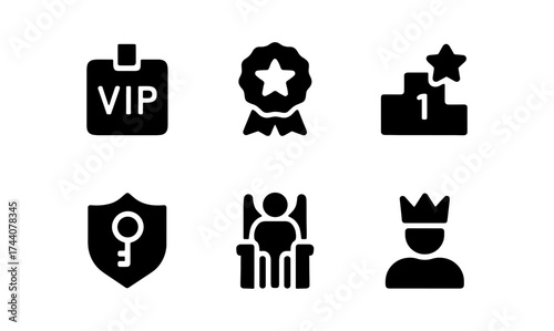 Icon set featuring vip, award, podium, security, leader, and crown in bold silhouette style