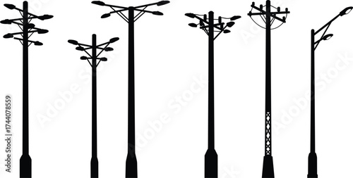 Set of urban street light pole silhouettes, varied lamp designs, infrastructure concept, utility structure illustration, outdoor lighting vector for city planning