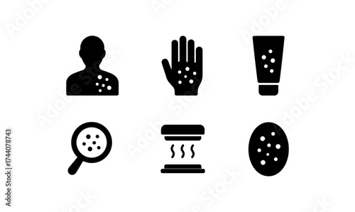 Dermatology icons set featuring skin, hand, lotion, magnifier, treatment, and tablet