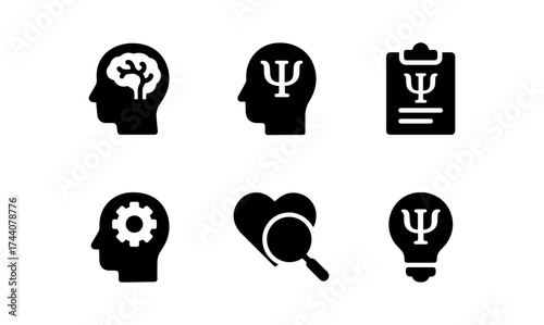 Silhouette icons for psychology: brain, mind, and therapy concepts in bold design