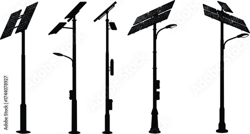 Set of solar-powered street light pole silhouettes, renewable energy illustration, eco-friendly outdoor lighting design, sustainable infrastructure vector concept