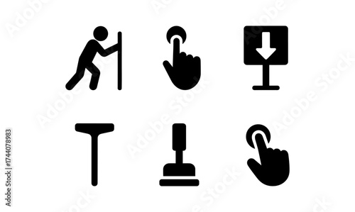 Black icons set of push, touch, download, squeegee, and cursor