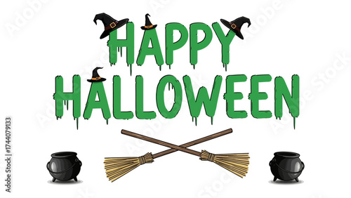 Halloween: A festive image showcasing the words Happy Halloween, along with iconic Halloween symbols like witch hats, cauldrons, and a broom