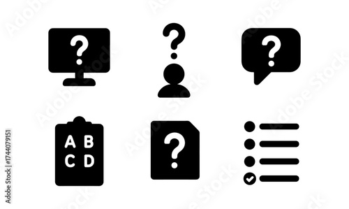 Question mark icons set: computer, person, speech bubble, checklist, document, list
