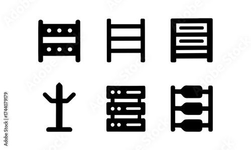 Minimalist rack and storage icons set in black silhouette style