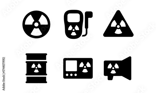 Radiation symbols collection: silhouettes of hazard signs and safety devices