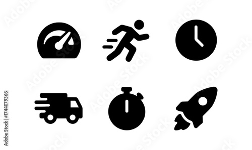 Silhouette icons: speed, time, and efficiency themes with clocks and rocket symbols