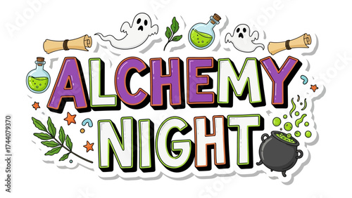 Alchemy Night: A whimsical invitation for Alchemy Night, adorned with a bubbling cauldron, potion bottles, playful ghosts, and magical scrolls. A visual symphony of enchantment.