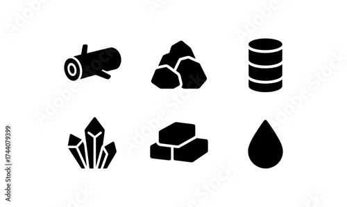 Resource icons set: minimalistic black silhouettes of natural elements and commodities