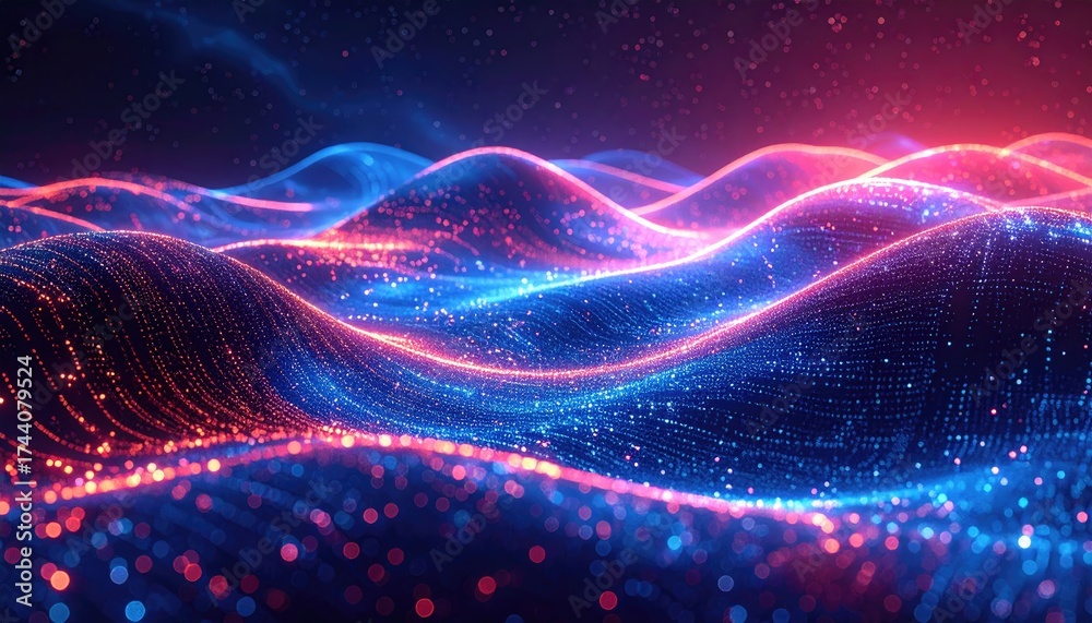 Obraz premium A mesmerizing display of glowing, undulating patterns formed by interconnected points of light, in vibrant hues of red and blue, creates a dynamic and abstract visual composition.