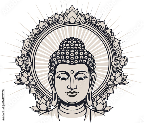 Serene Buddha Face Vector with Lotus Mandala and Radiant Aura