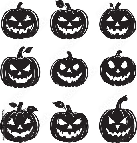 Jack-o'-lantern icon set with nine unique carved pumpkin faces in black Halloween silhouette style