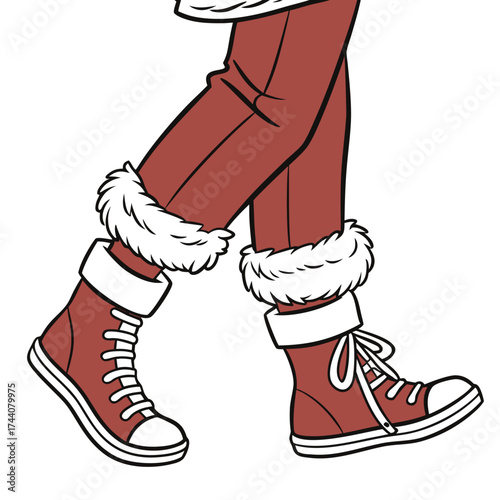 Close up of a person s legs wearing red pants with white fur trim and matching red high top sneakers with white laces walking against a white background