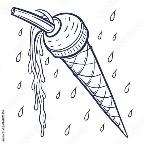 A melting ice cream cone in a cone shape with dripping ice cream and rain drops falling around it in a simple outline drawing style