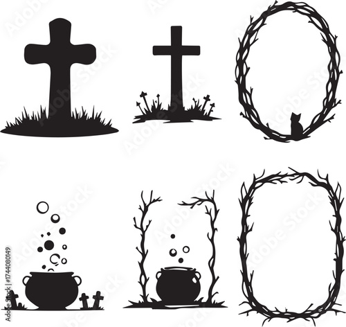 Halloween icons with gravestones, cauldrons, thorny frames, and spooky cat in black silhouette style