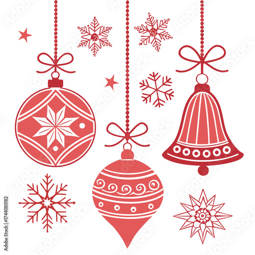 Festive red christmas ornaments and snowflakes suspended by beaded strings with bows creating a charming holiday decoration collection against a white background