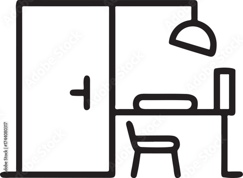 Minimalist line art of a desk with a chair and lamp next to a door