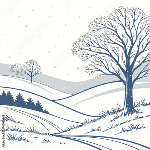 A serene winter landscape illustration with bare trees rolling snow covered hills and a hint of falling snow rendered in a minimalist blue and white color palette