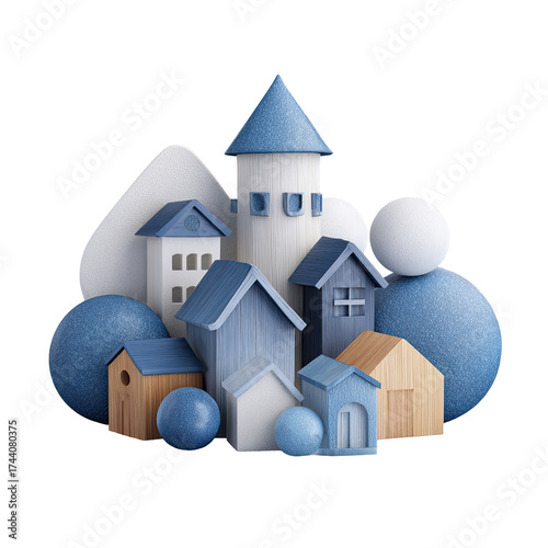Miniature town, blue & light beige houses, 3D, whimsical