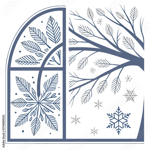 A stylized winter scene viewed through a window pane featuring delicate snowflakes and bare tree branches with patterned leaves and a large snowflake illustration