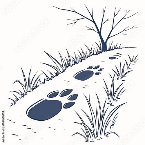 Animal paw prints trail through grassy terrain beside a bare tree suggesting a wild creature s journey in a natural outdoor environment