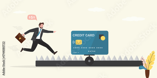 Businessman running to credit card on animal trap, credit finance banking bait, loan. Male customer risks falling in trap and getting troubles. Poor money management