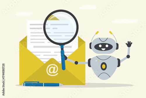 Funny cyborg or chat bot uses magnifying glass and searching file in yellow folder. Automatic database indexing, robot doing fast unzipping. Quick easy search system for files
