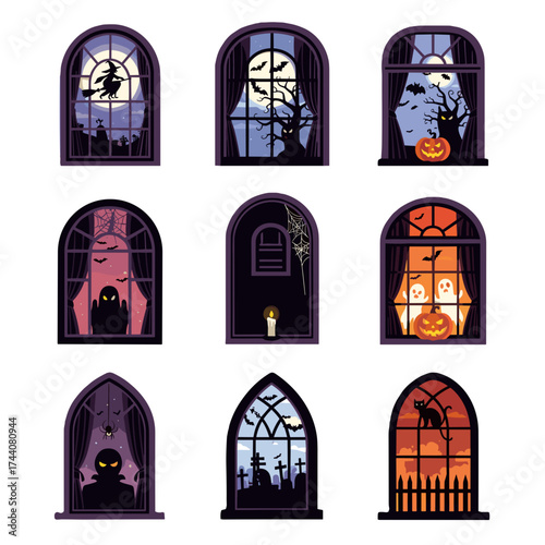 Halloween night windows with spooky silhouettes. Halloween night windows show various scenes of ghosts, bats, cemeteries, and witches silhouetted against colorful skies, all framed by Gothic arches.