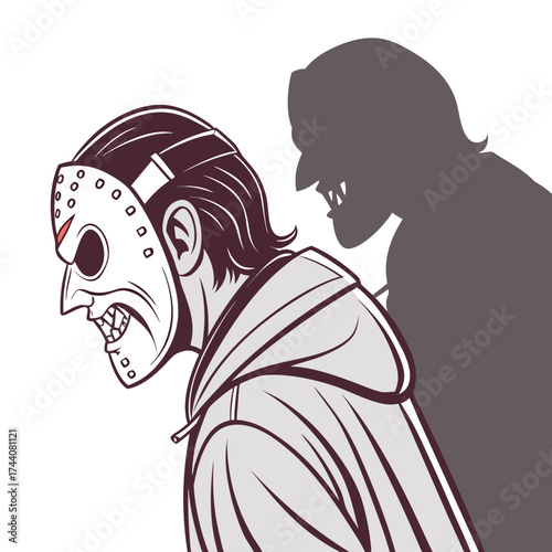 A menacing figure wearing a hockey mask and hoodie casts a terrifying shadow of a monstrous creature with sharp teeth and pointed ears evoking fear and horror