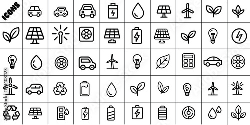 Collection of eco and renewable energy icons symbolizing sustainable technology solutions and environmentally friendly practices