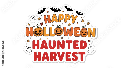 Spooky Harvest Celebration: Festive Halloween message featuring pumpkins, bats and ghosts. It is ideal for expressing joy during the spooky season. 