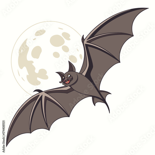 A cartoon illustration of a happy bat flying in front of a large pale moon against a white background conveying a sense of nighttime and whimsy