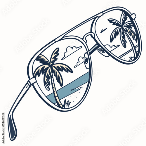 Stylized aviator sunglasses reflecting a tropical beach scene with palm trees and ocean waves perfect for summer vacation and travel themes