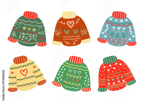 Illustration of various sweaters on a white background.