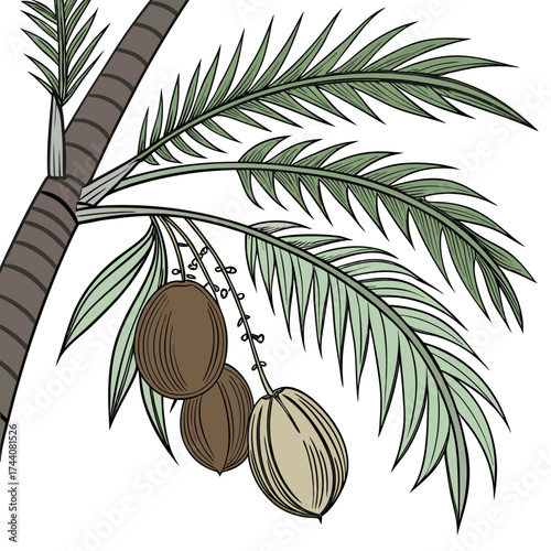 A stylized illustration of a palm tree trunk with green fronds and three coconuts hanging from a stalk isolated on a white background
