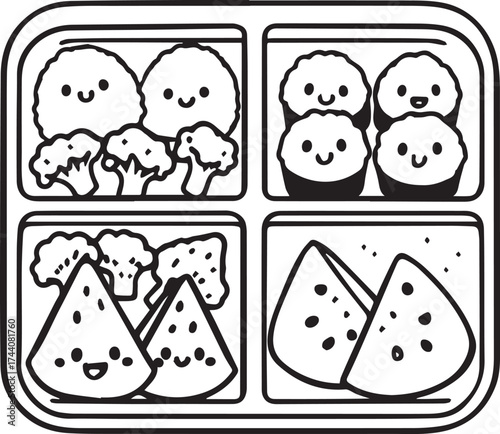 Cute bento box illustration — black and white stylized rice balls, sushi, broccoli, and watermelon with smiling cartoon faces