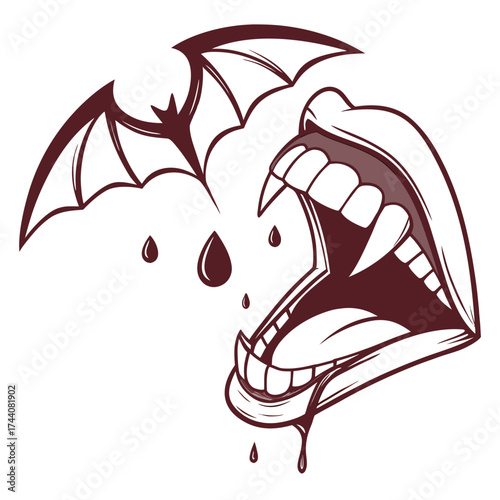 A stylized illustration of a vampire s open mouth with sharp fangs and dripping blood accompanied by a bat silhouette and blood drops evoking a sense of horror and the supernatural