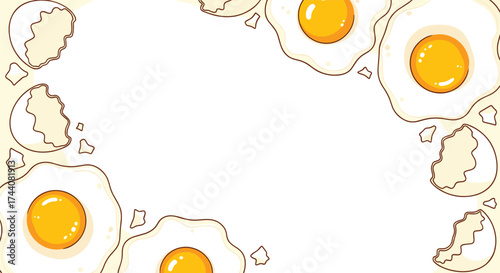 A cute frame of cracked eggs and fried eggs on a white background.