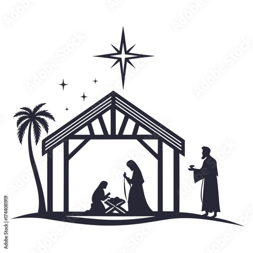 Nativity scene silhouette with the virgin mary joseph baby jesus in a manger the star of bethlehem and a wise man presenting a gift set against a white background with a palm tree