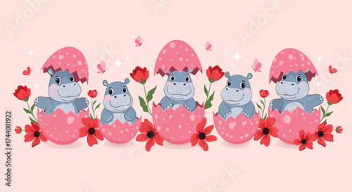 Five cute baby hippos hatching from pink easter eggs with flowers and butterflies.