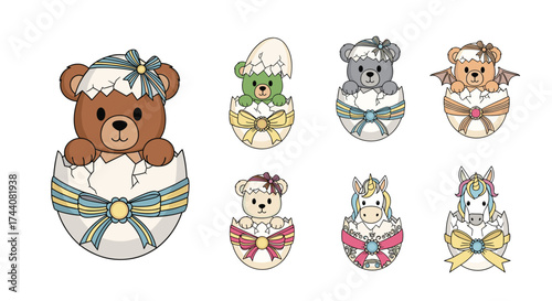 Adorable stuffed teddy bears peeking out of decorative Easter eggs.