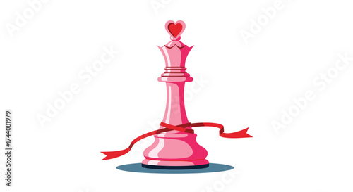 The romantic queen chess piece adorned with a heart and a red ribbon.