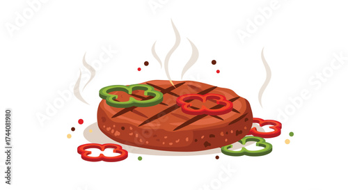 Delicious grilled burger patty with colorful bell pepper slices and spices.