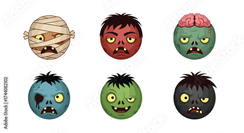 A collection of six creepy monster faces for a horror theme.