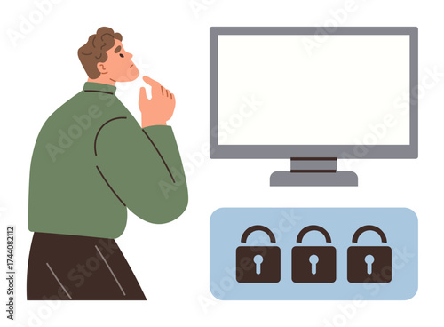 Man contemplating in front of blank monitor with three locks below. Ideal for cybersecurity, decision-making, privacy, problem-solving, digital safety, confidentiality, and visual metaphor. Simple