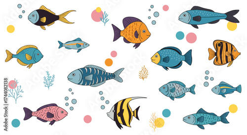 A collection of colorful fish and ocean elements.