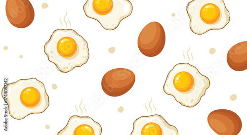 A vibrant pattern of freshly cooked fried eggs and raw brown eggs.